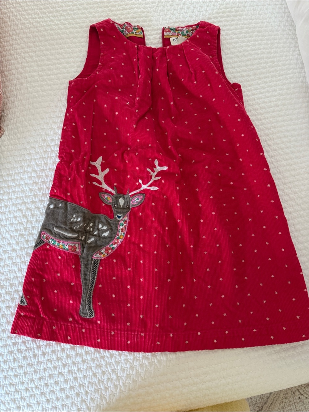 Red Corduroy Kids Dress with Deer Applique